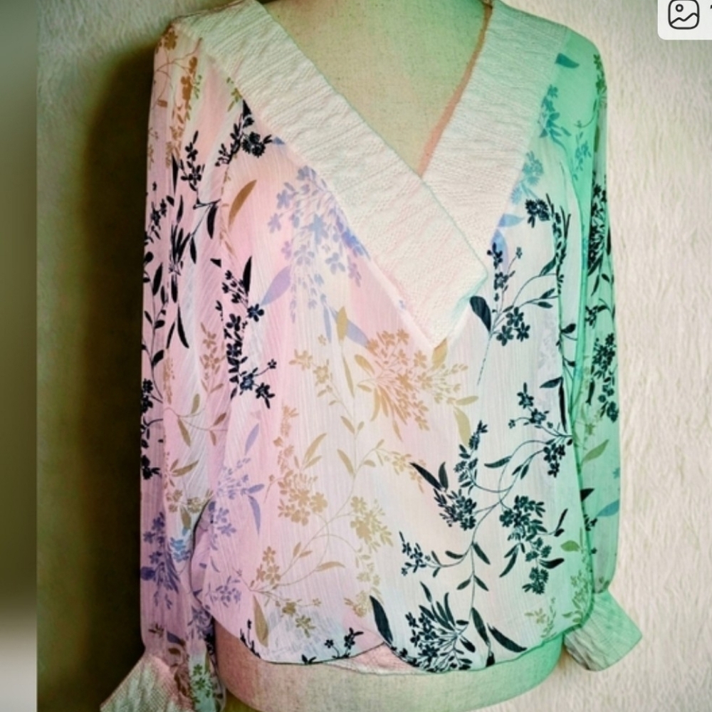 Floral Shear V-Neck Women's Top - Cream with Blue & Tan NWOT LG Spring